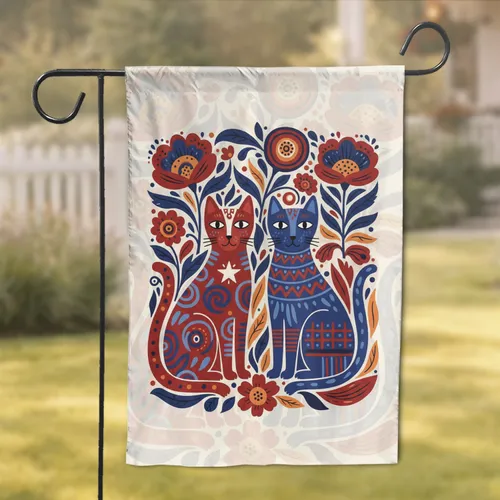 Stylized Cats Folk Art Flowers - Cat Lover Home Decor Gift Garden Flag