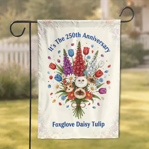 Cat Face Foxglove Daisy Tulip Bouquet - 250th Anniversary Cat Lover Gift Garden Flag