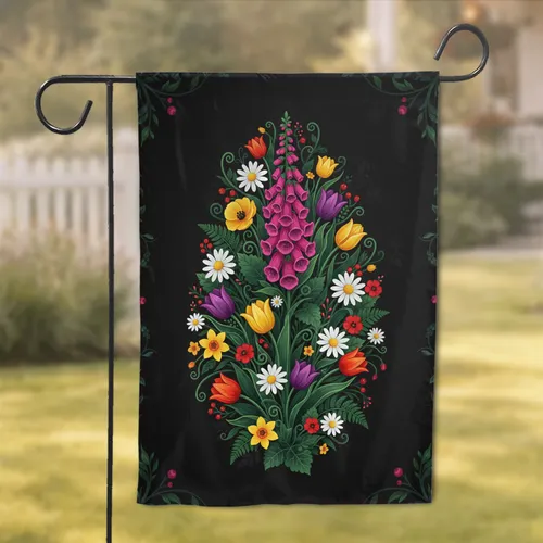 Foxglove Daisy Tulips Ferns Berries Botanical Garden Floral Arrangement Home Decor Gift Garden Flag