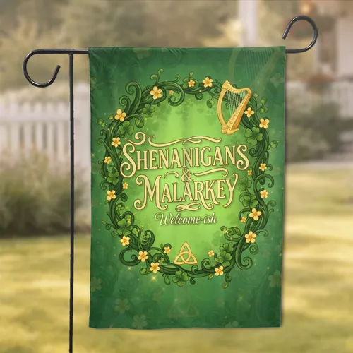 Irish Harp Celtic Knot Shamrock Shenanigans Malarkey - Celebratory Home Decor Gift Garden Flag