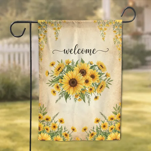 Yellow Daisy Sunflower Green Foliage Welcome Text - Antique Parchment Home Decor Garden Flag
