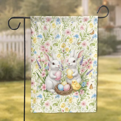 Easter Bunnies Chicks Eggs Spring Wildflowers - Easter Holiday Decor Garden Flag