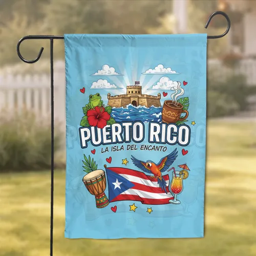 Puerto Rico La Isla del Encanto El Morro Coqui Frog Flag - Island Heritage Home Decor Garden Flag