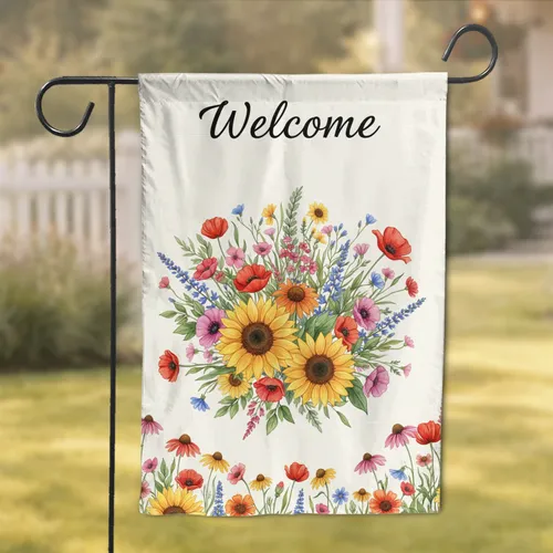 Black Script Welcome Wildflower Meadow Sunflowers Poppies Coneflowers - Home Decor Gift Garden Flag