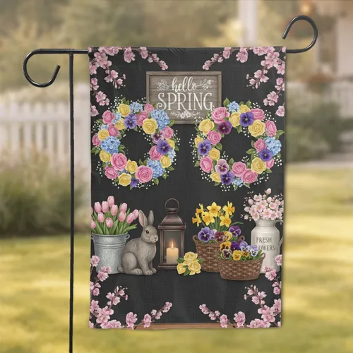 Spring Floral Wreaths Rabbit Welcome Hello Spring - Farmhouse Home Decor Gift Garden Flag