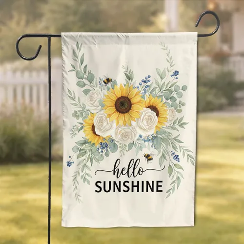 Sunflowers Roses Bumblebees 'hello SUNSHINE' Floral Home Decor Gift Garden Flag