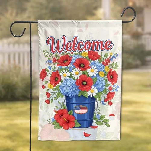Welcome Patriotic Flowers American Flag Bucket - Home Decor Gift Garden Flag