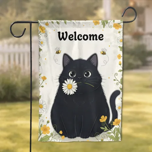 Welcome Black Cat Daisy Honeybee Home Garden Decor Gift Cat Lover Garden Flag