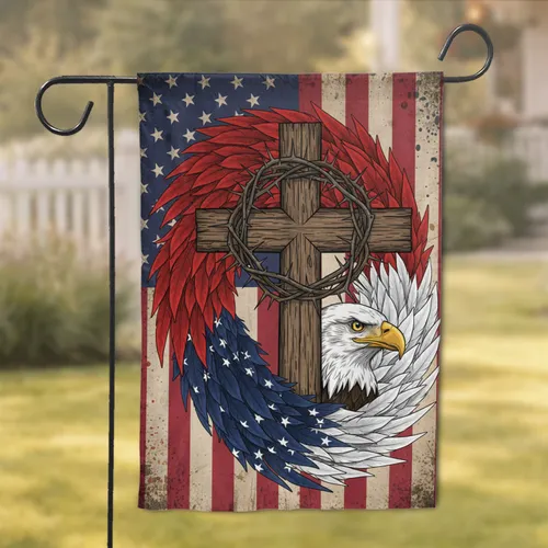 Bald Eagle American Flag Wooden Cross Thorny Crown - Patriotic Home Decor Gift for Veterans Garden Flag