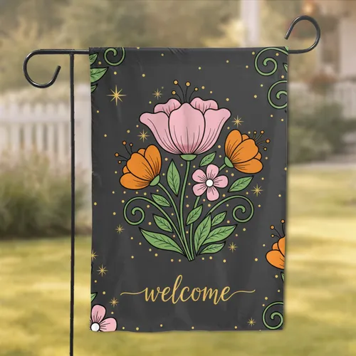 Welcome Script Pink Poppy Orange Flowers - Home Decor Gift Garden Flag