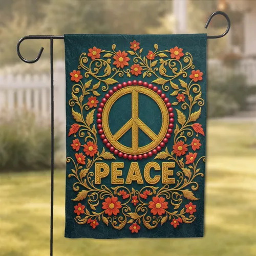 Golden Yellow Peace Symbol Orange Red Flowers Teal Vines - Home Decor Gift Garden Flag