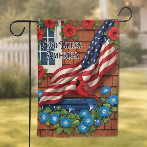 American Flag Cardinal God Bless America - Patriotic Home Decor Gift Garden Flag