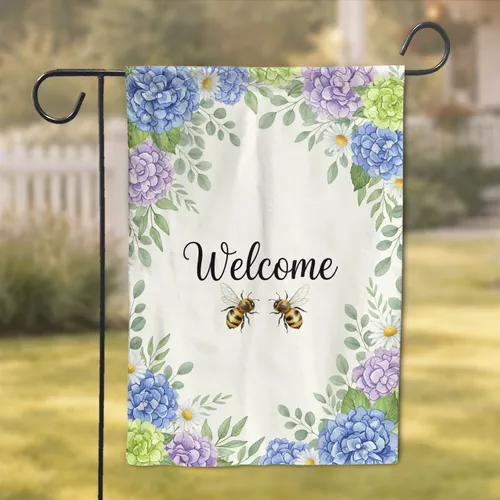Welcome Script Honeybee Hydrangea Daisy Floral - Housewarming Home Decor Gift Garden Flag