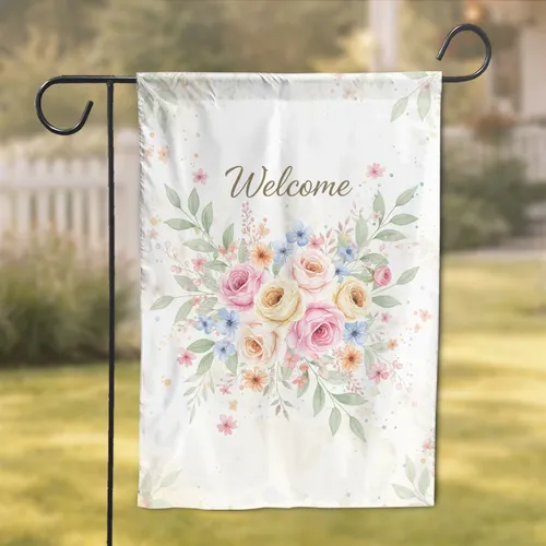 Welcome Script Watercolor Rose Floral Bouquet - Everyday Home Decor Gift Garden Flag