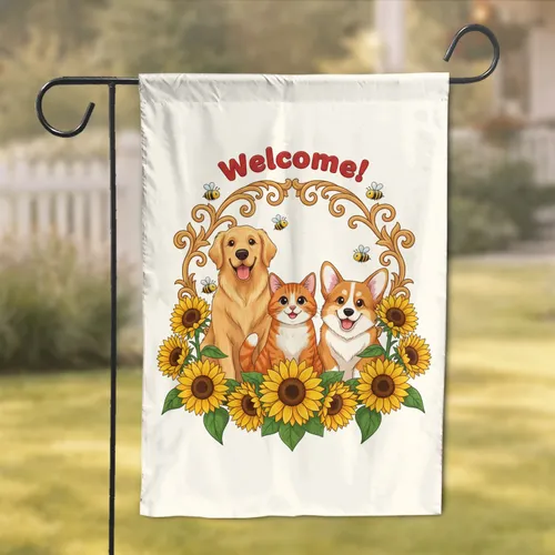 Welcome Sunflowers Golden Retriever Corgi Tabby Cat - Home Decor Gift for Pet Lovers Garden Flag