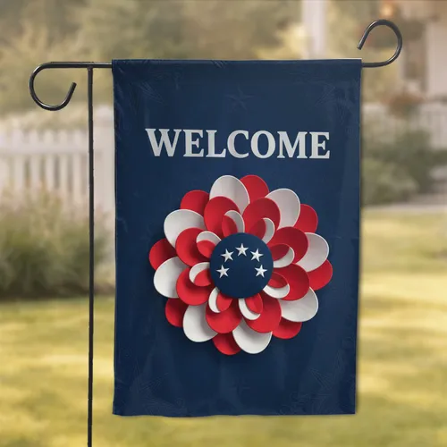 Red White Patriotic Flower Welcome Sign with Stars - Independence Day Home Decor Garden Flag