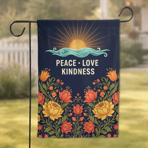 Peace Love Kindness Rising Sun Ocean Waves Lush Flowers - Home Decor Gift Garden Flag