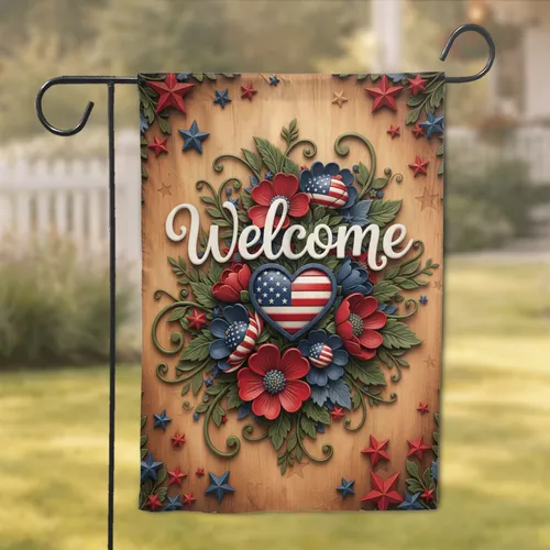 Welcome American Flag Heart Floral - Independence Day Home Decor Gift Garden Flag