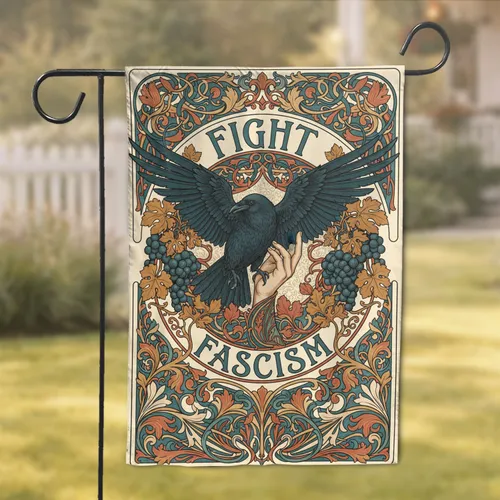 Organic Scrollwork Art Nouveau Grapevine Hand Raven Fight Fascism - Home Decor Gift Garden Flag