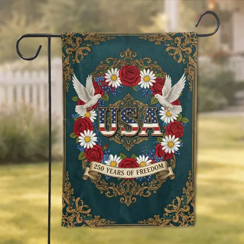 USA Flag Doves Floral Wreath 250th Anniversary Independence Day Garden Flag