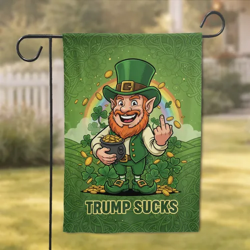 Trump Sucks Leprechaun Middle Finger - Political Humor Home Decor Gift Garden Flag