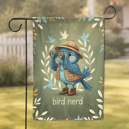 Bird Nerd Character with Binoculars - Wildlife Lover Home Decor Gift for Bird Watcher Garden Flag