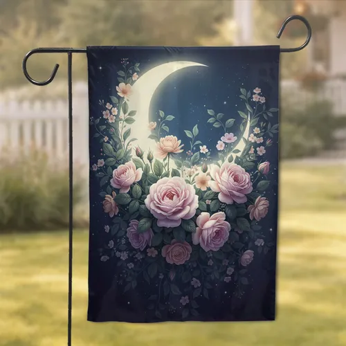 Luminous Crescent Moon Roses Garden Night Sky - Celestial Home Decor Gift Garden Flag