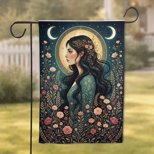 Woman Profile Dark Teal Gown Crescent Moon Floral Garden Home Decor Gift for Her Garden Flag