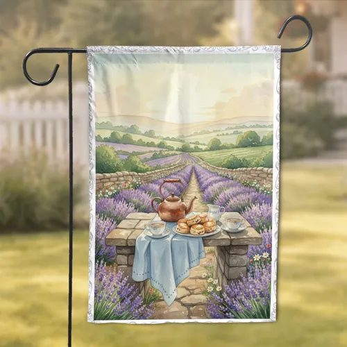 Copper Teapot Rustic Stone Table Lavender Scones - Home Decor Gift Garden Flag