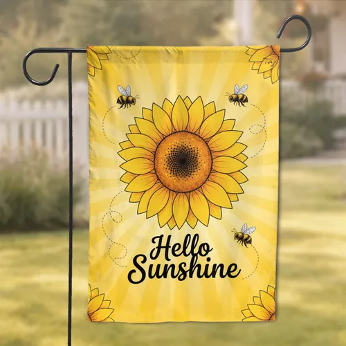 Yellow Daisy Sunflower Honeybee 'Hello Sunshine' Text - Everyday Home Decor Gift Garden Flag