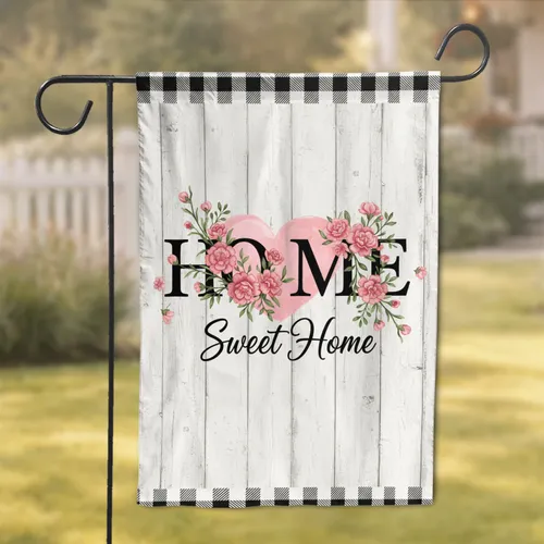 HOME Sweet Home Pink Heart Carnation Whitewashed Wood - Farmhouse Home Decor Gift Garden Flag