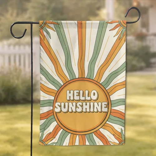 Retro Hand-Lettered Hello Sunshine Sunburst Radiating Rays - Everyday Home Decor Gift Garden Flag