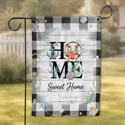HOME Letters Nautical Sweet Home Seashell Starfish - Distressed Wood Buffalo Plaid Decor Garden Flag
