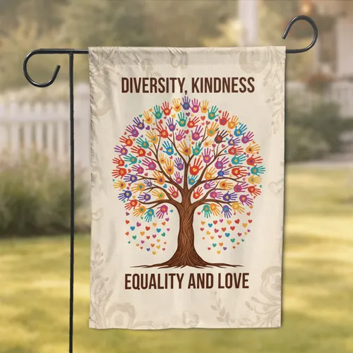 Tree of Life Handprints Hearts Diversity Kindness Equality Love - Home Decor Gift Garden Flag