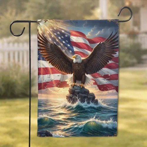 Bald Eagle American Flag Rugged Rock Seascape Ocean Independence Day Gift for Veterans Garden Flag
