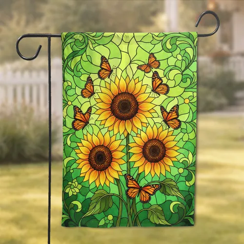 Stained Glass Sunflower Monarch Butterfly - Luminous Home Decor Gift for Nature Lovers Garden Flag