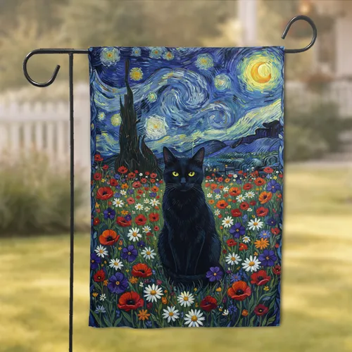 Black Cat Wildflower Meadow Starry Night Celestial Sky - Home Decor Gift for Cat Lover Garden Flag