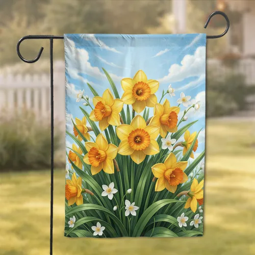 Yellow Daffodils White Spring Blooms Green Leaves Sky - Home Decor Gift Garden Flag