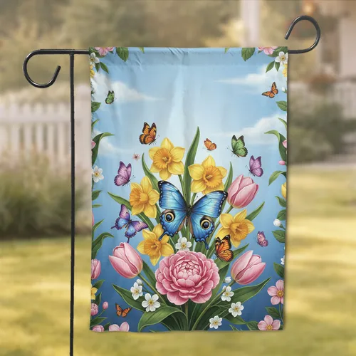 Blue Butterfly Golden Daffodils Pink Tulips - Home Decor Gift for Nature Lovers Garden Flag