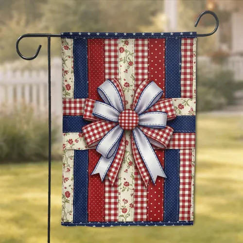 Quilted Bow American Flag Patchwork - Independence Day Home Decor Gift Garden Flag