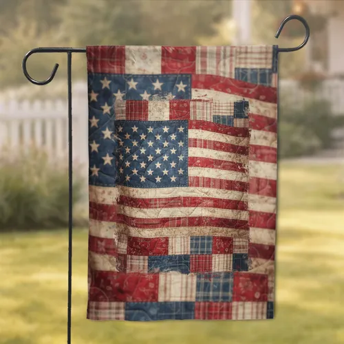 Rustic Patchwork American Quilt Flag - Americana Home Decor Gift for Veterans Garden Flag