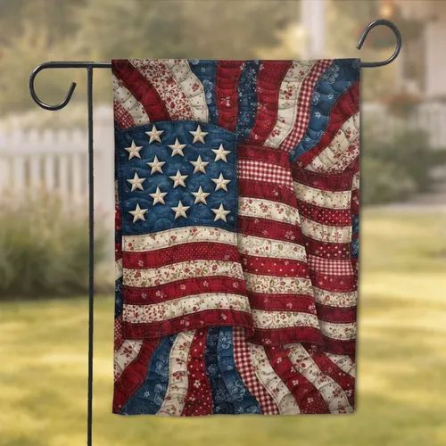 Patchwork Quilted American Flag Denim Stars & Ruffled Stripes - Home Decor Gift Garden Flag