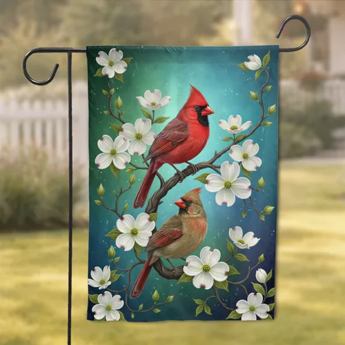 Two Northern Cardinals Dogwood Blossoms - Bird Watcher Gift Garden Flag
