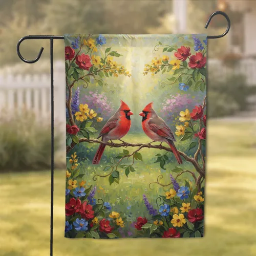 Northern Cardinal Pair Wildflower Garden Scene - Bird Lover Home Decor Gift Garden Flag