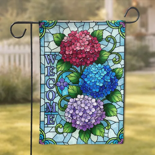 Stained Glass Large Hydrangea Welcome Floral - Home Decor Gift Garden Flag