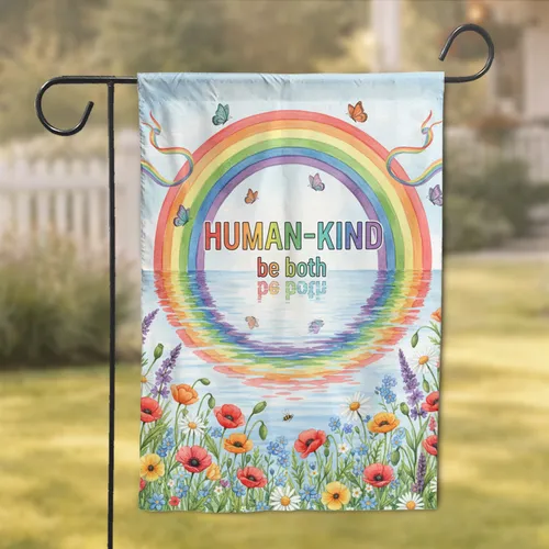 Rainbow Butterflies Wildflower Garden Human-Kind Text - Home Decor Gift Garden Flag