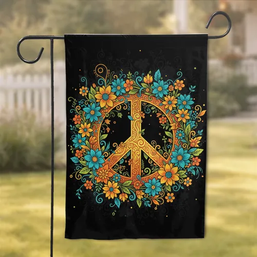 Ornate Peace Sign Diverse Floral Wreath with Vines - Home Decor Gift Garden Flag