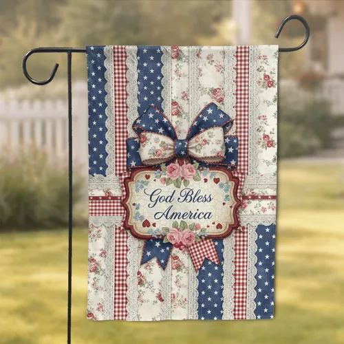 God Bless America Patriotic Bow Scalloped Plaque Rustic Floral - Independence Day Gift Garden Flag