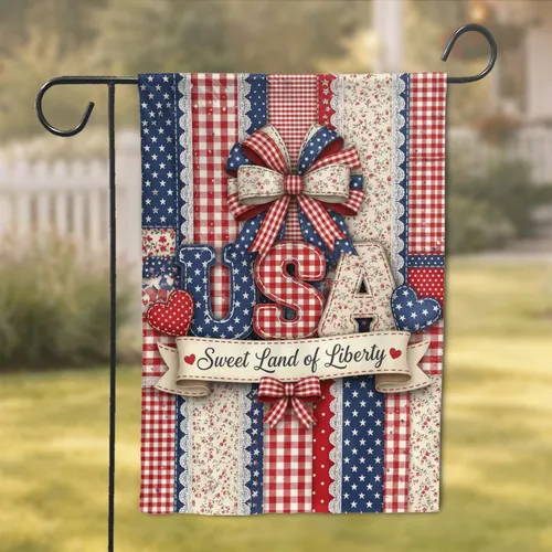 USA Sweet Land of Liberty Ribbon Bow Patriotic Patchwork - Independence Day Celebration Garden Flag