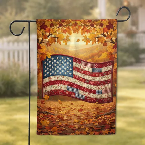 Rustic Quilted American Flag Autumn Leaves Landscape - Patriotic Home Decor Gift Garden Flag